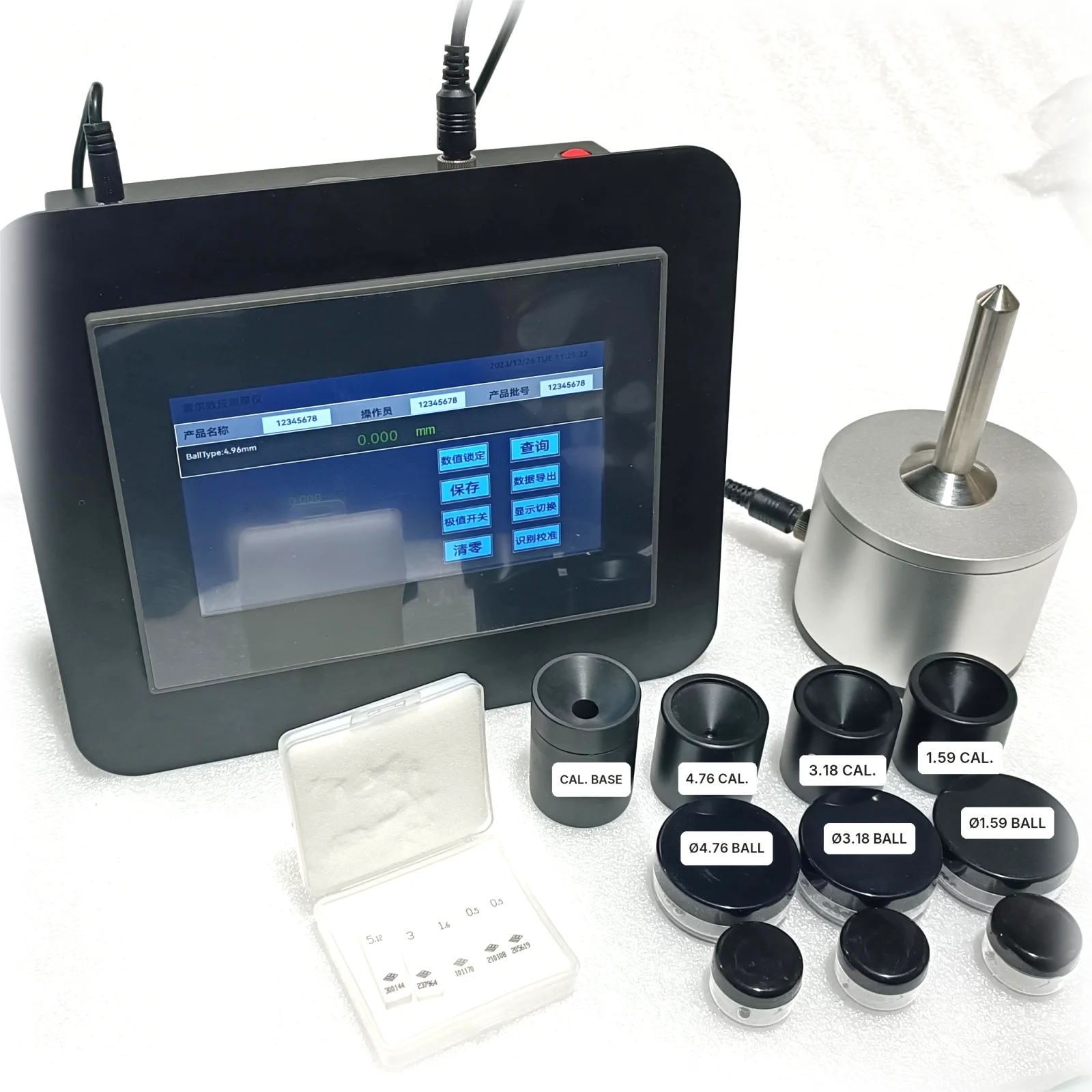 KHT MTG-100 Hall-effect thickness gauge with probe, steel target balls, calibration fixtures and thickness shims