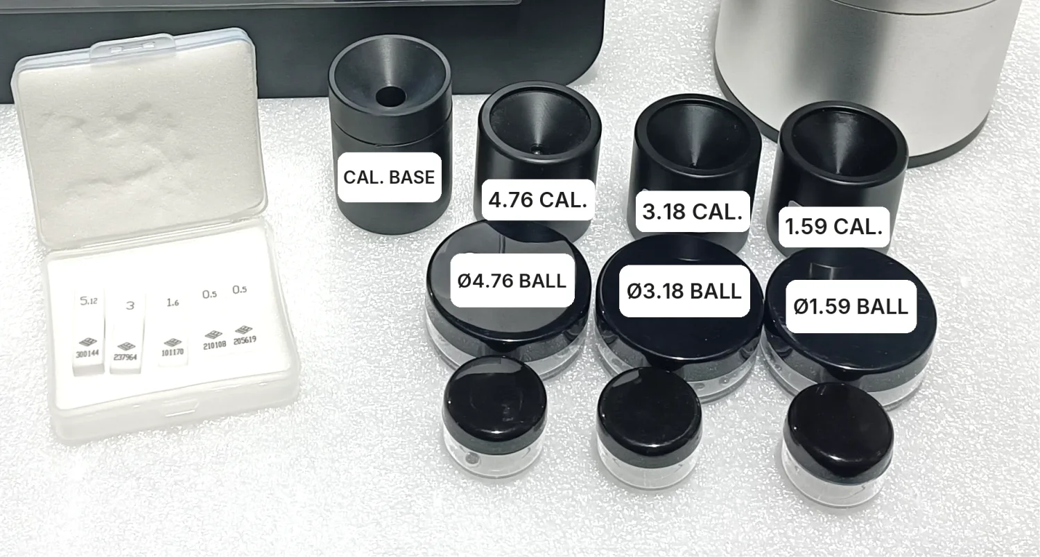 Calibration thickness shims, ball calibration fixtures and steel target balls of the KHT MTG-100