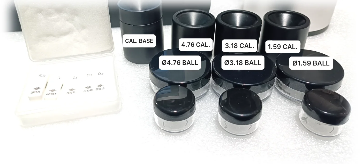 Steel target balls in three sizes with matching calibration fixtures
